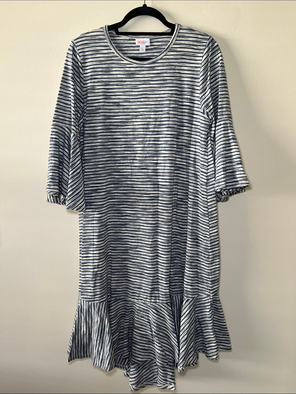 LuLaRoe Striped Navy and White Ruffle-Hem Women's Dress - Picture 1 of 4